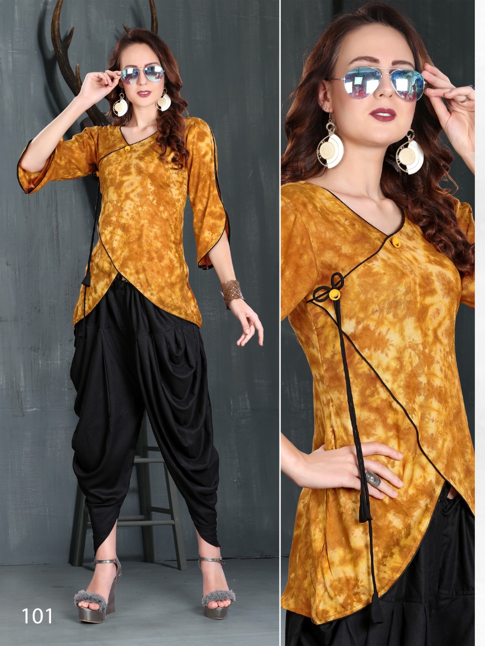 A model displays a designer rayon kurti with dhoti style bottoms. (Image  Source: medium.… | Pakistani dress design, Designer party wear dresses, Kurta  designs women