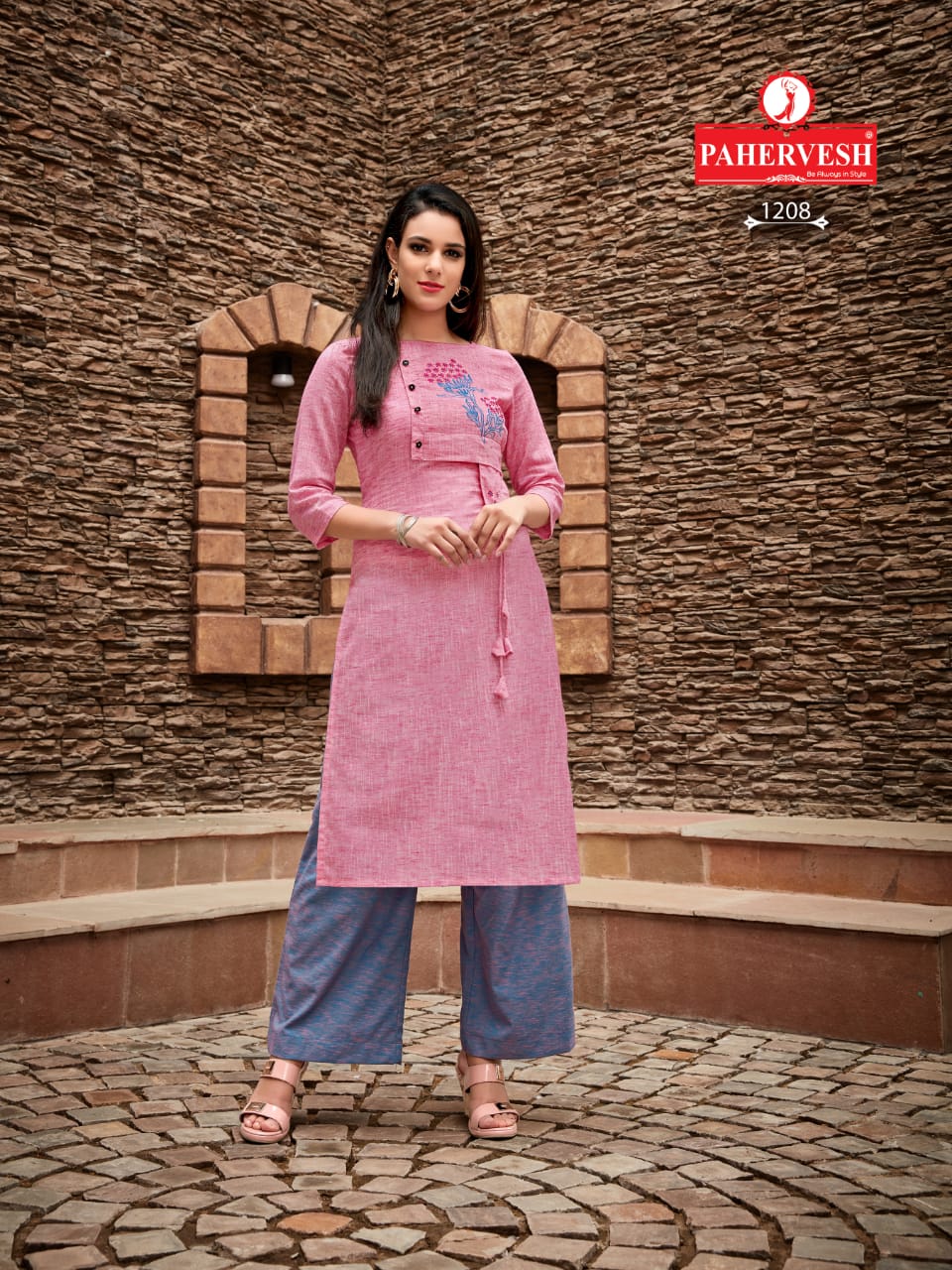Straight Style Georgette Fabric Pink color Kurti with Thread and Embroidery  work and Bottom with Dupatta
