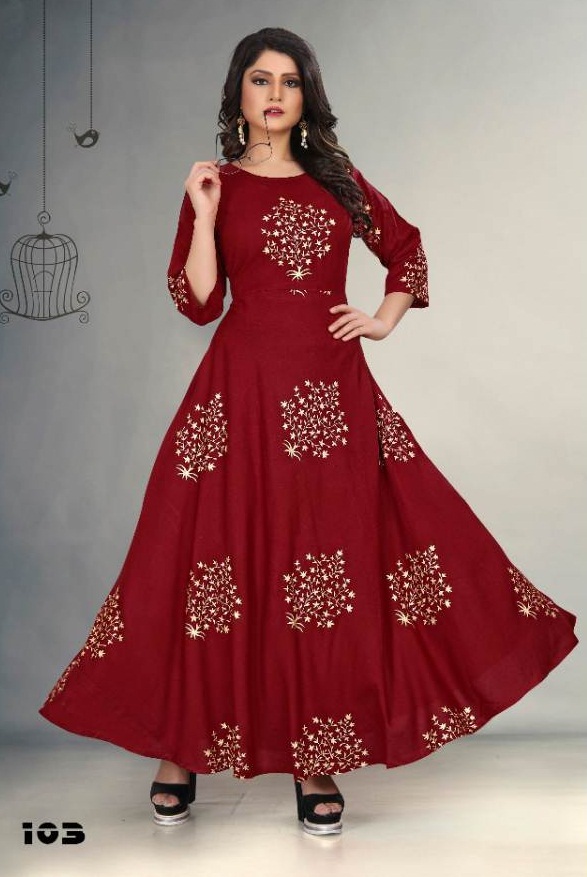 Gallberry Presents Foil Tree Rayon Round Flair Kurti Collection