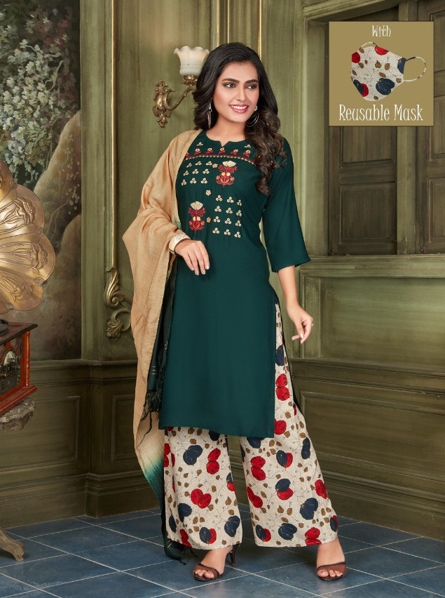 Rung Presents Ziyaa Collection Of Rayon Embroidered Ready Made Dress With Matching Mask