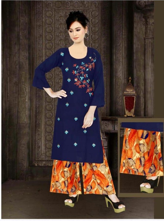 Aagya Presents Butterfly Plazo Collection Of Heavy Rayon Embroidered Kurti With Printed Plazo