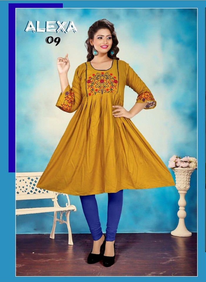 Honey Presents Alexa Collection Of Attractive Embroidered Round Flair Short Kurtis