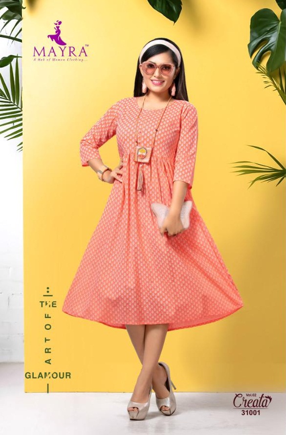 Mayra Presents Creata 2 Collection Of Cambric Cotton Gold Printed Round Flair Casual Kurtis