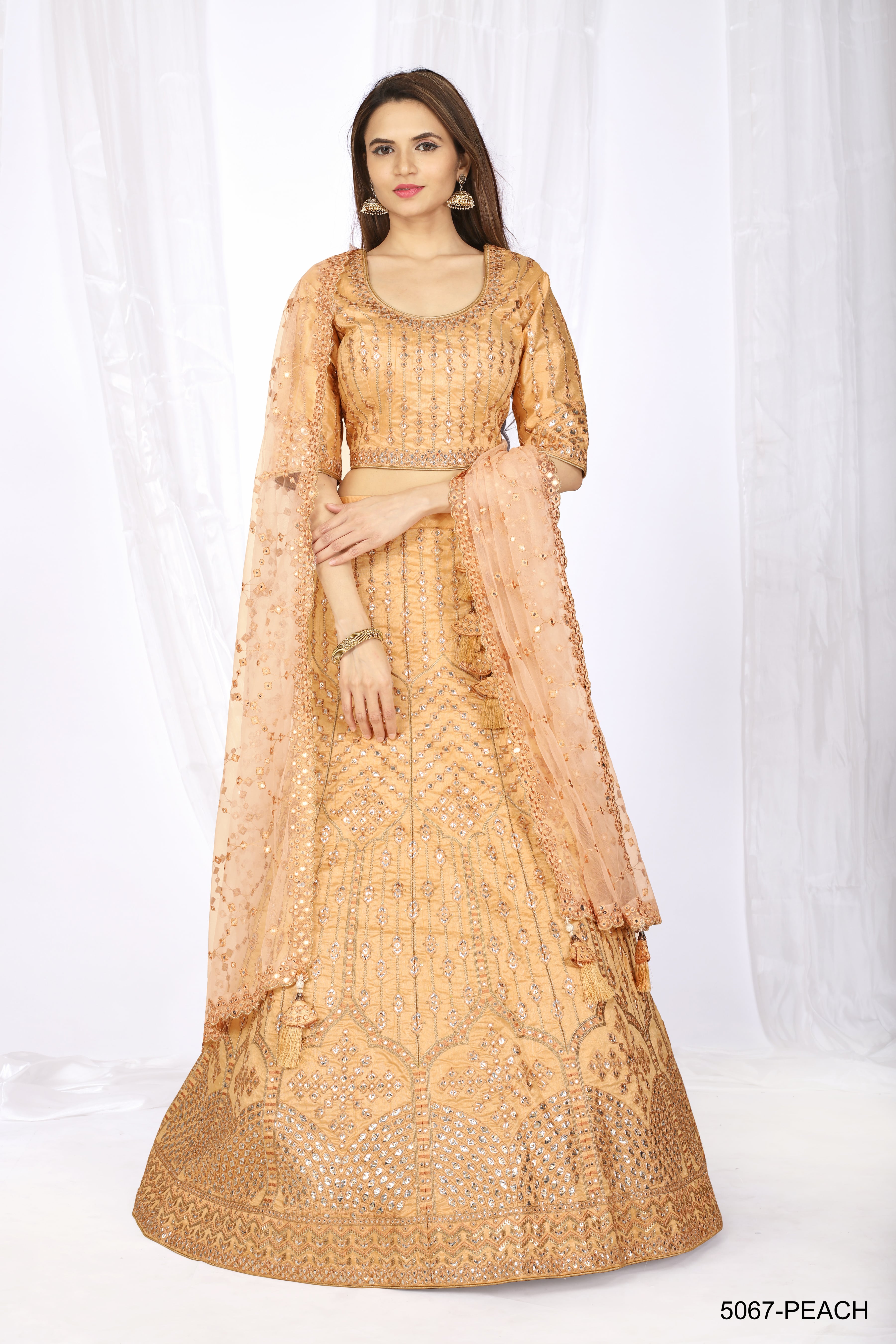 Peach Colour Gold-toned Thread Embroidered Semi-stitched Lehenga Choli