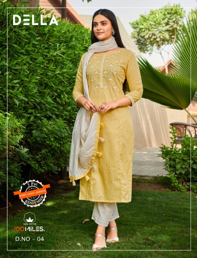 100miles Della Casual Kurtis And  Pants With Lace Detailing With Dupatta