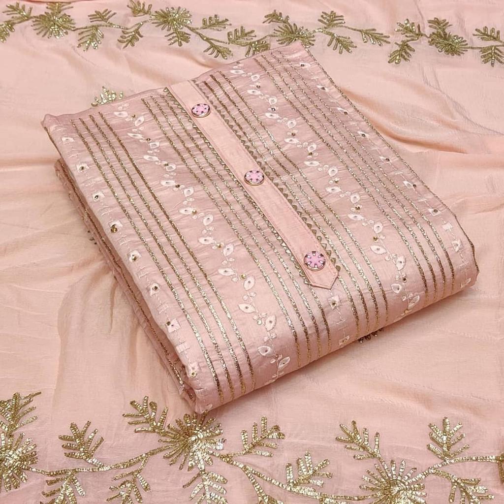 Art silk suit with gota patti handwork neck work bandhini suit, Dupatta art  silk bandhej jaipuri rajasthani with gota patti border Crep bottom  lightpink in Delhi at best price by K K