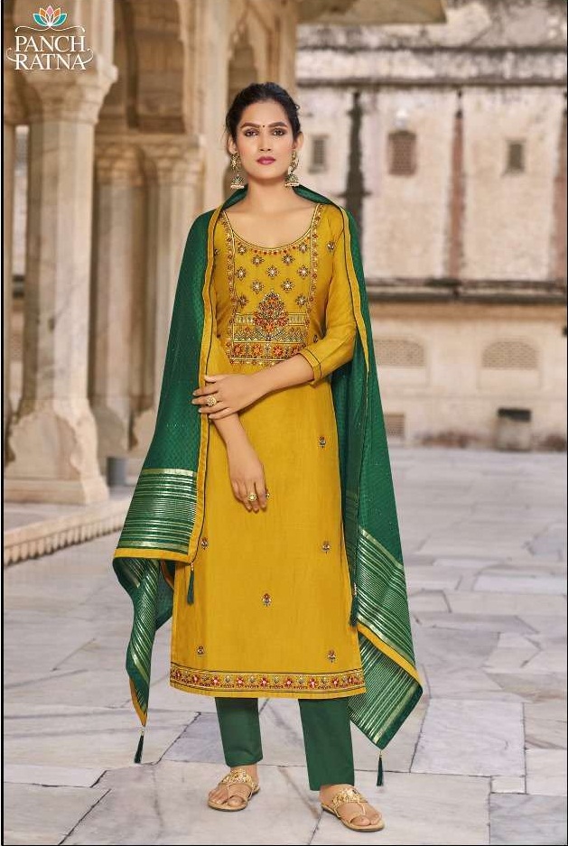 Panch Ratna Aaradhna Silk With Kantha Work Dress Material Catalog