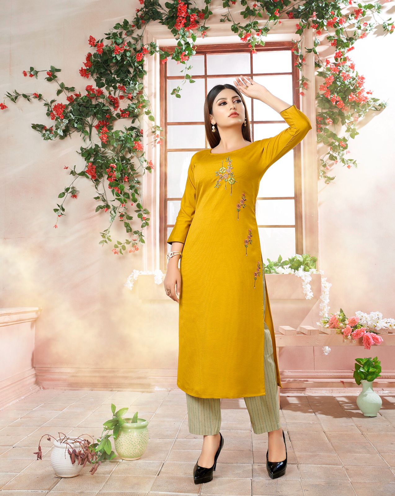 carrot shaded self lined georgette Aline kurti with handwork MBS R23 –  MyBudgetStore.in