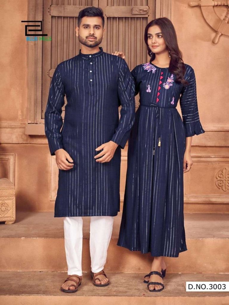 Blue Hills Love Birds Vol 3 Rayon Lurex Husband And Wife Combo Kurta And Kurti Wholesale