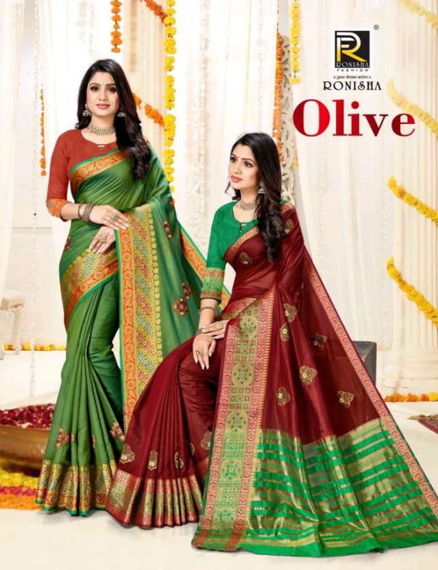 Ranjna Olive Work Butta With Stone Formal Wear Cotton Silk Saree Collction