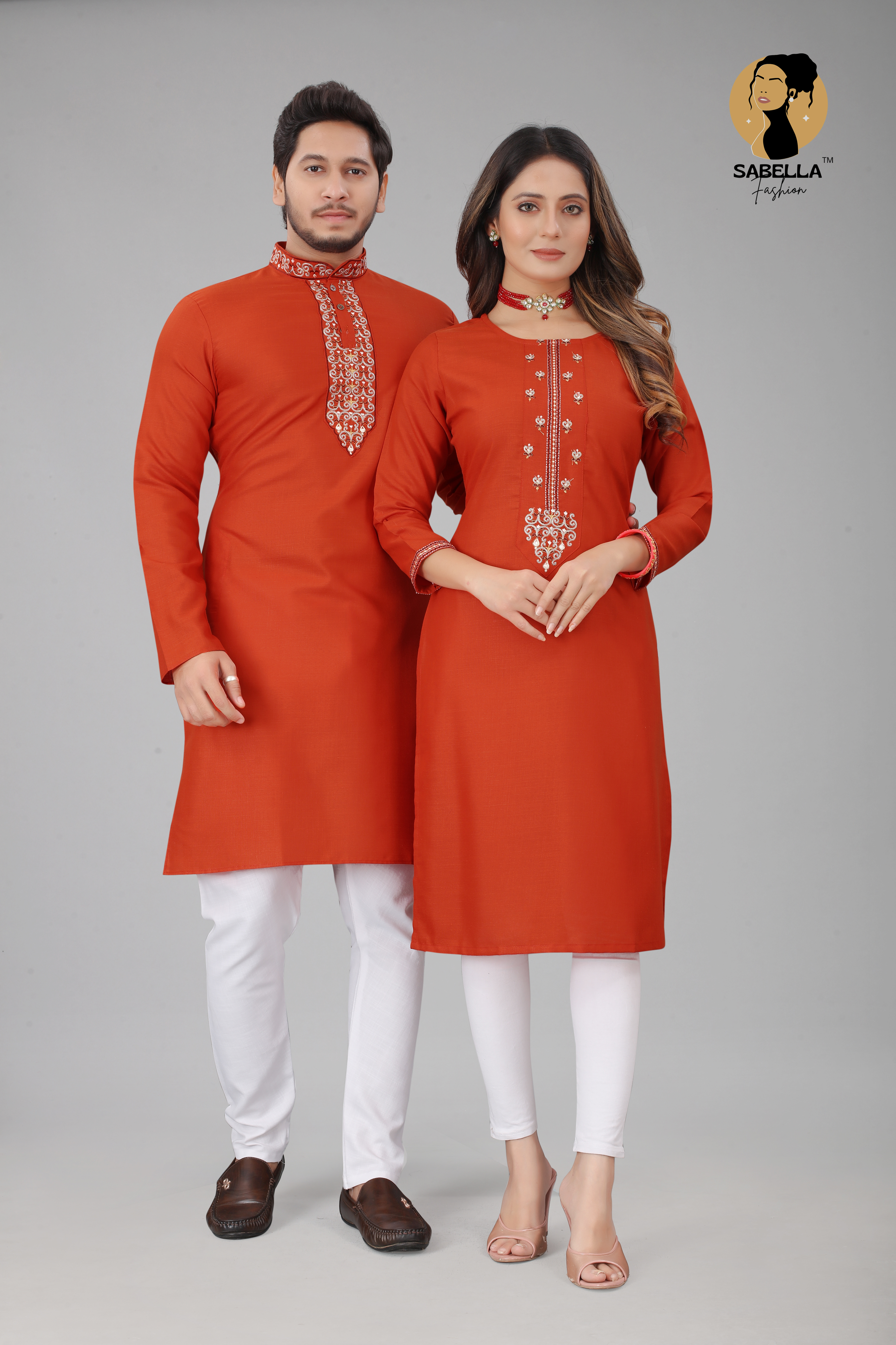 Orange Colour Embroidery Royal Couple Kurta With Kurti Collection