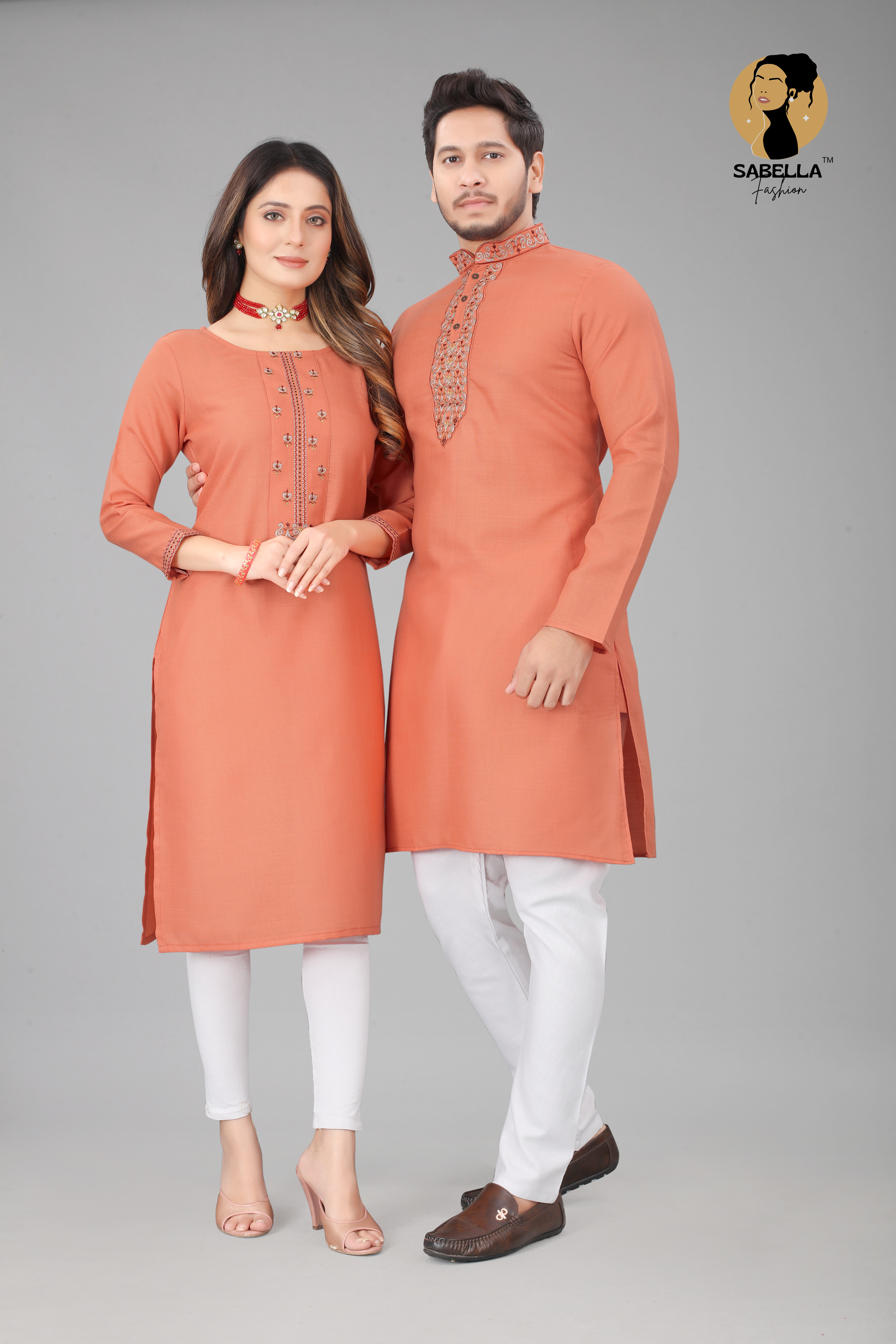 Peach Embroidery Work Kurta With Kurti Couple Combo Set