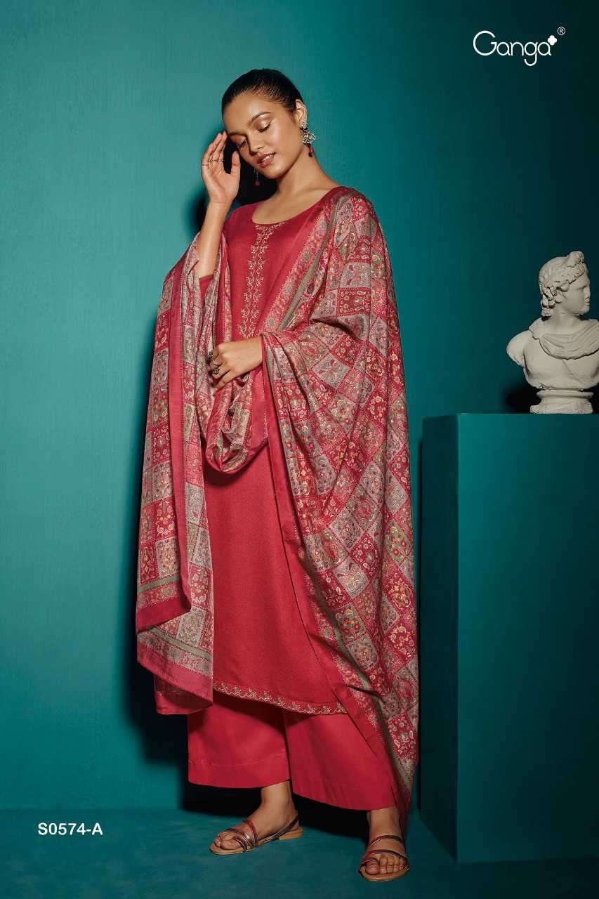 Buy Ganga Fashions Mustard Pure Pashmina Printed Suit With Chiffon Dupatta  (set Of 3) online