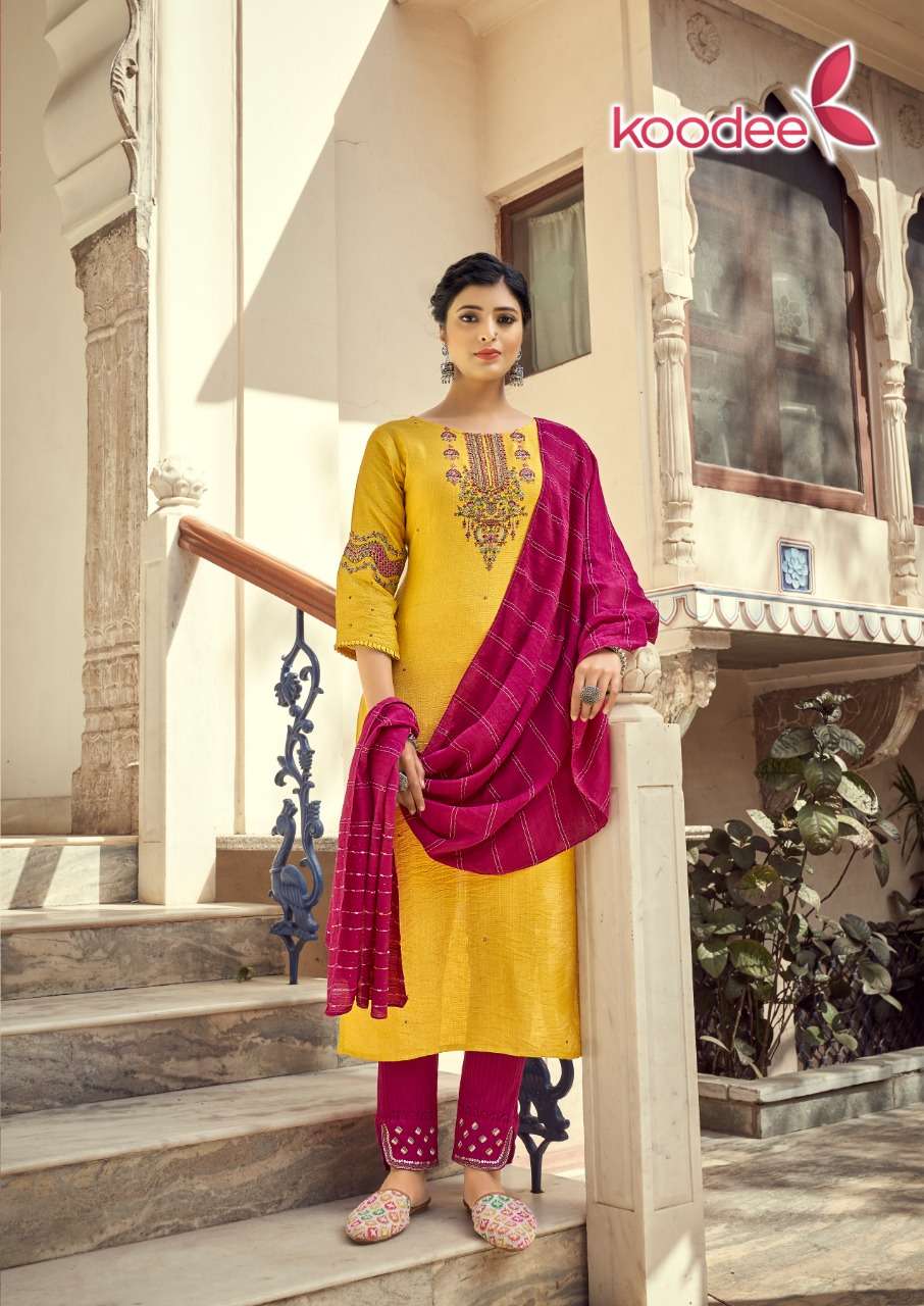 Koodee Riza Vol 3  catalog Viscose Slub Ready made Embroidery Fancy Top  Bottom with Dupatta