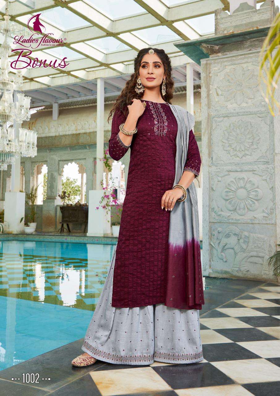 Ladies Flavour Bonus Catalog Party Wear Readymade Top Bottom With Dupatta