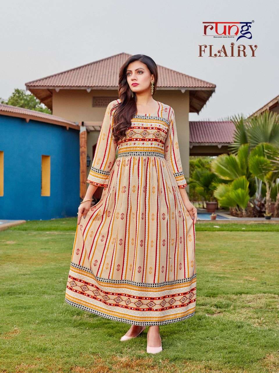 Rung Flairy Catalog Party Wear Rayon Printed Long Anarkali Kurtis