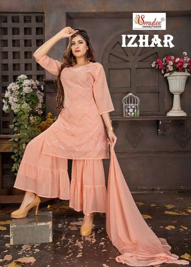 Smylee Izhar Catalog Ethnic Wear Chiffon Embroidery Readymade Top Bottom Dupatta 