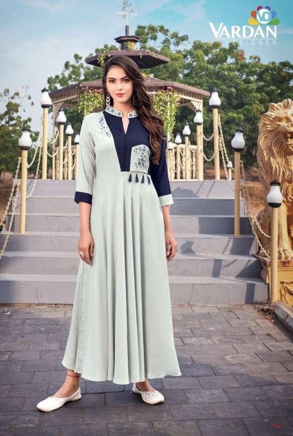 Vardan Ravia Vol 1 Catalog Party Wear Rayon Embroidery Long Gown Kurtis 