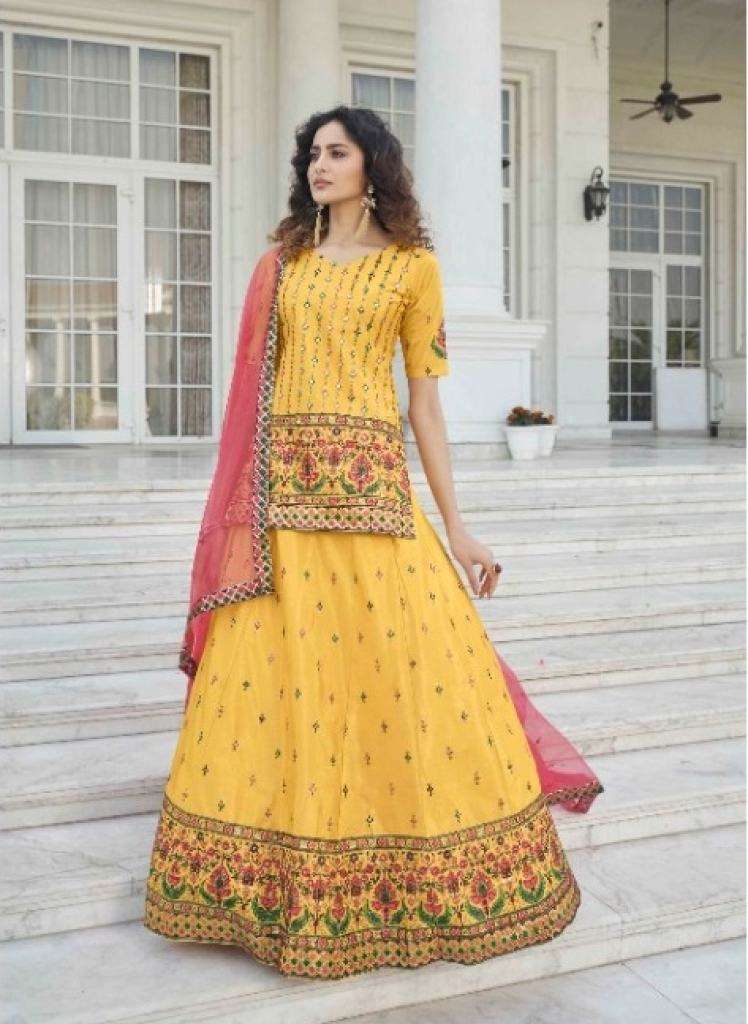 Yellow Deep pink Chinon sequence Exclusive Lehenga choli with Fancy Dupatta collection