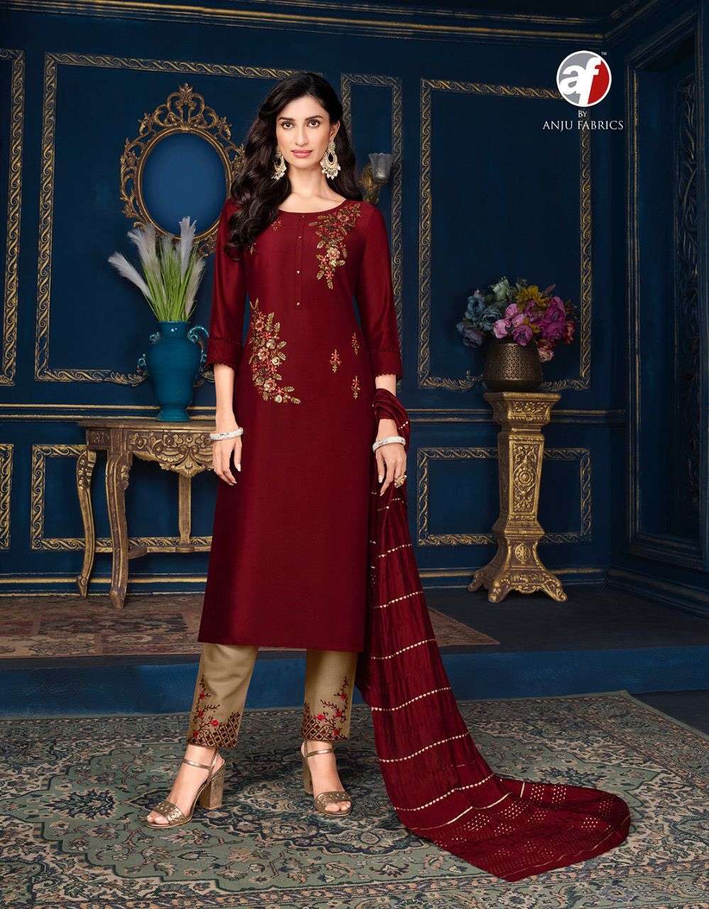 Bridal Queen Maroon Silk Kurti with Straight Pants and Bridal Dupatta –  anokherang