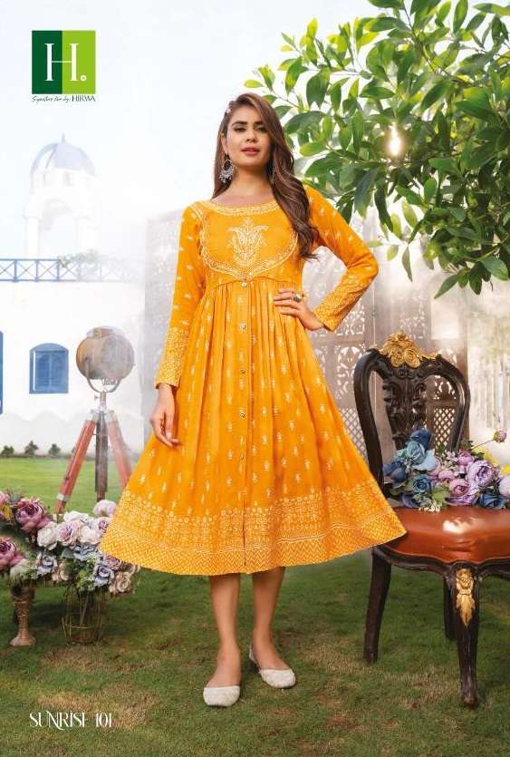 Hirwa Sunrise Catalog Fancy Wear Wholesale Ghera Kurtis