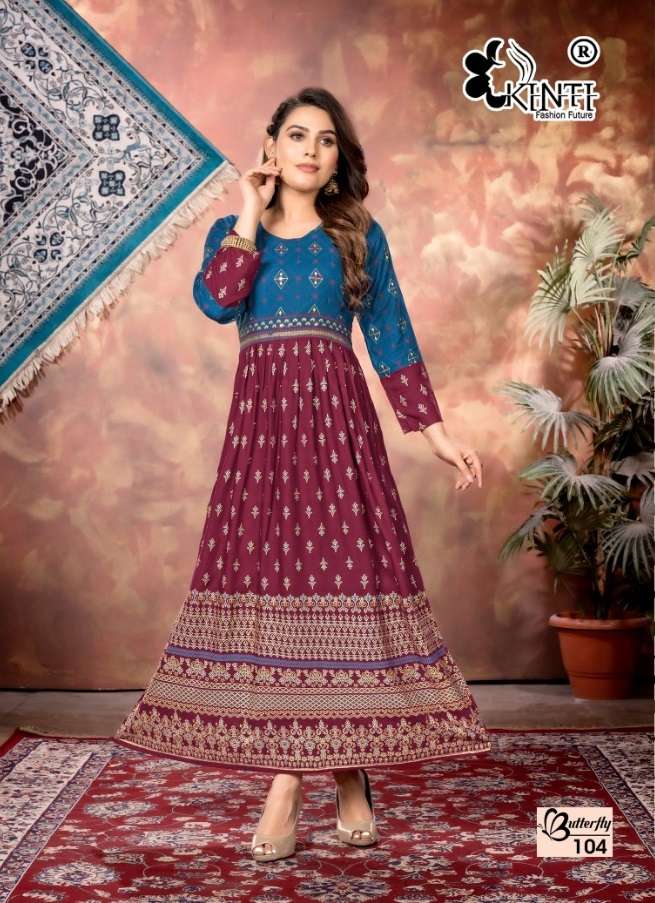 Kinti Butterfly Catalog Heavy Rayon Slub Print Long Kurtis Wholesale