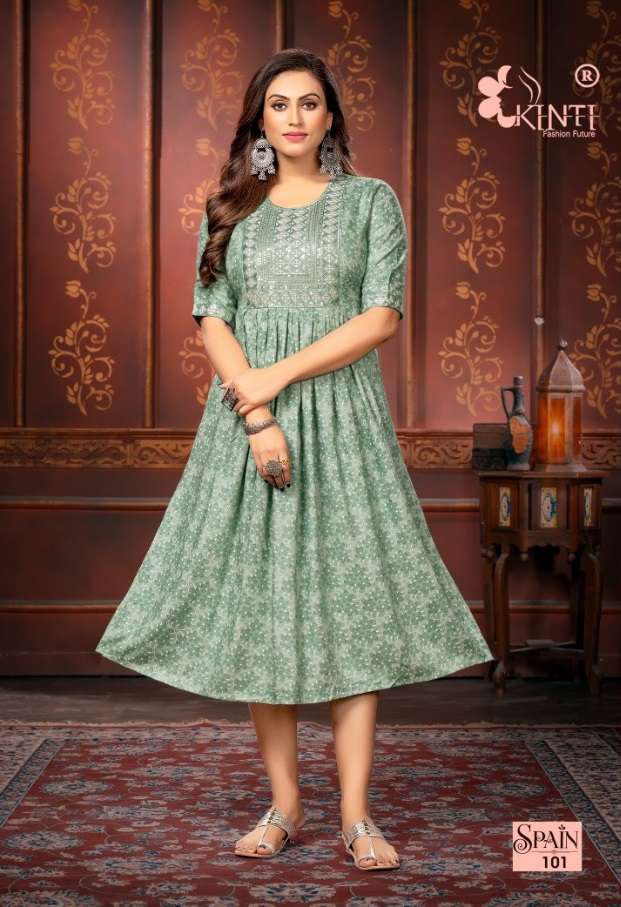 Kinti Spain Catalog Heavy Rayon Embroidery Kurtis Wholesale