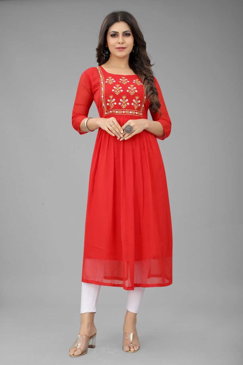 Red Color Designer Georgette Wear Straight Kurti