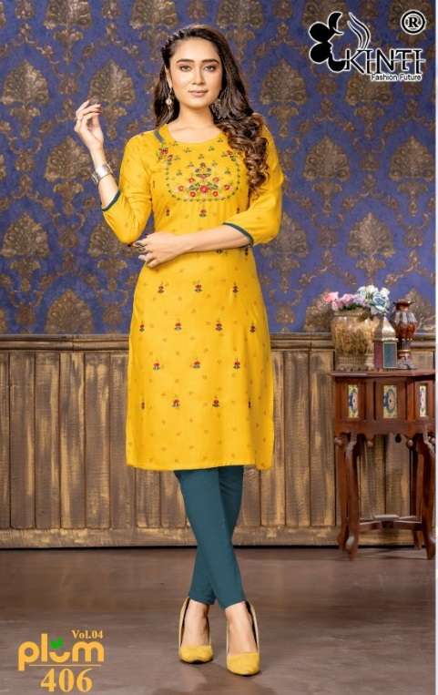 Kinti Plum Vol 4 Catalog Rayon Slub Print Embroidery Wear Kurtis Wholesale
