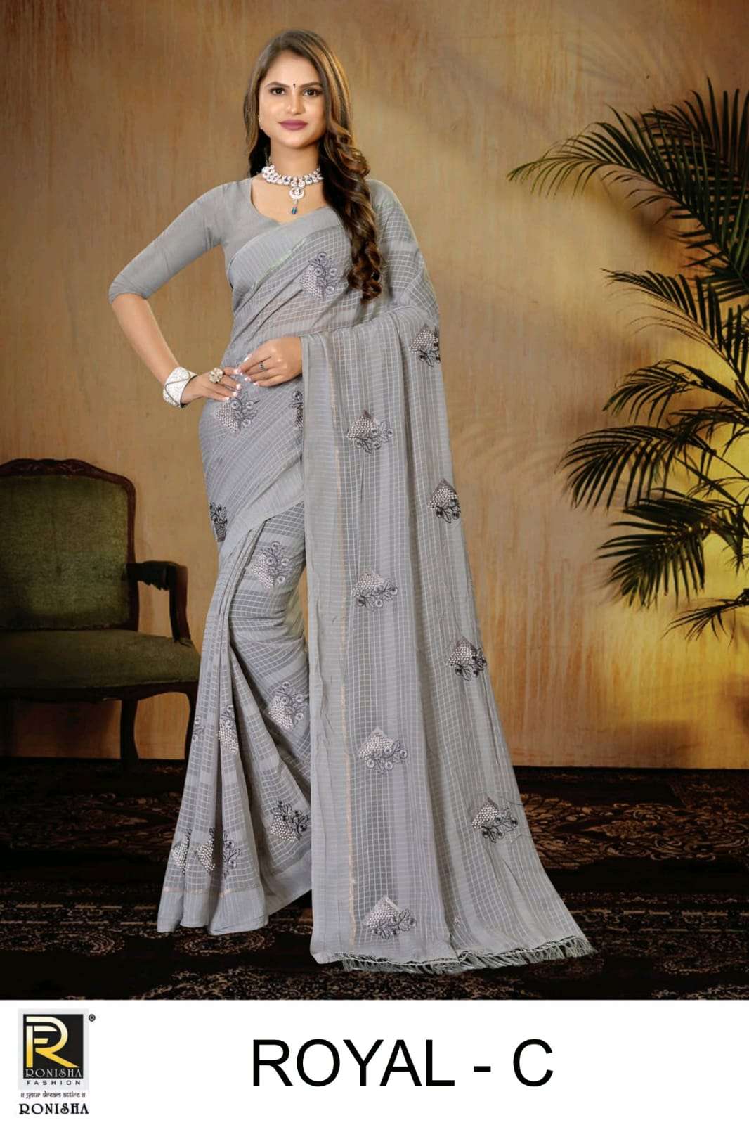Ronisha Royal Catalog Georgette Pattern Beautiful Embroidery Sarees Wholesale