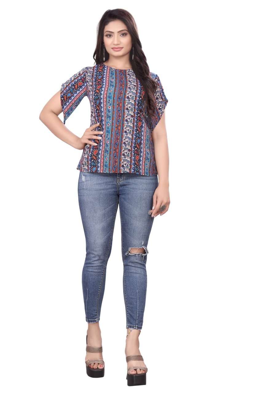 Sabella Trendy Tunics Vol 1 Catalog Crape Designer Wear Ladies Tops Wholesale