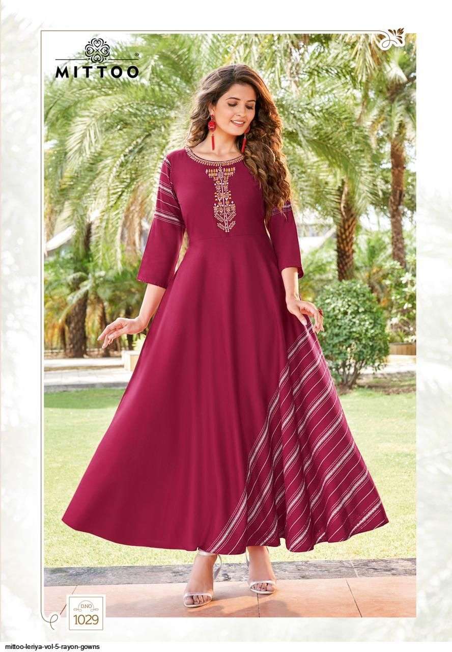 MITTOO LEHRIYA VOL 5 STYLISH EMBROIDERY HEAVY RAYON  PRINT GOWNS