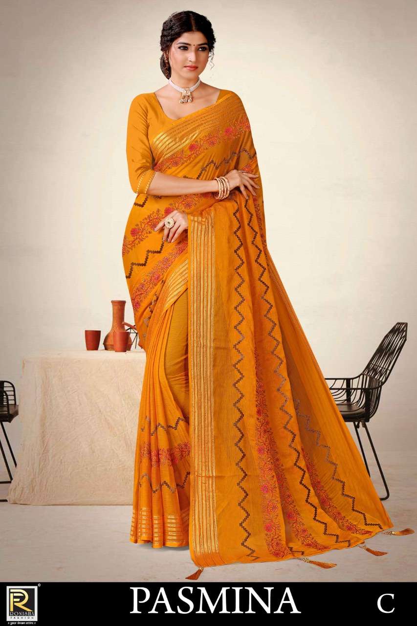 PARTY WEAR PASHMINA SAREE ON FANCY WORK CHIFFON PATTA