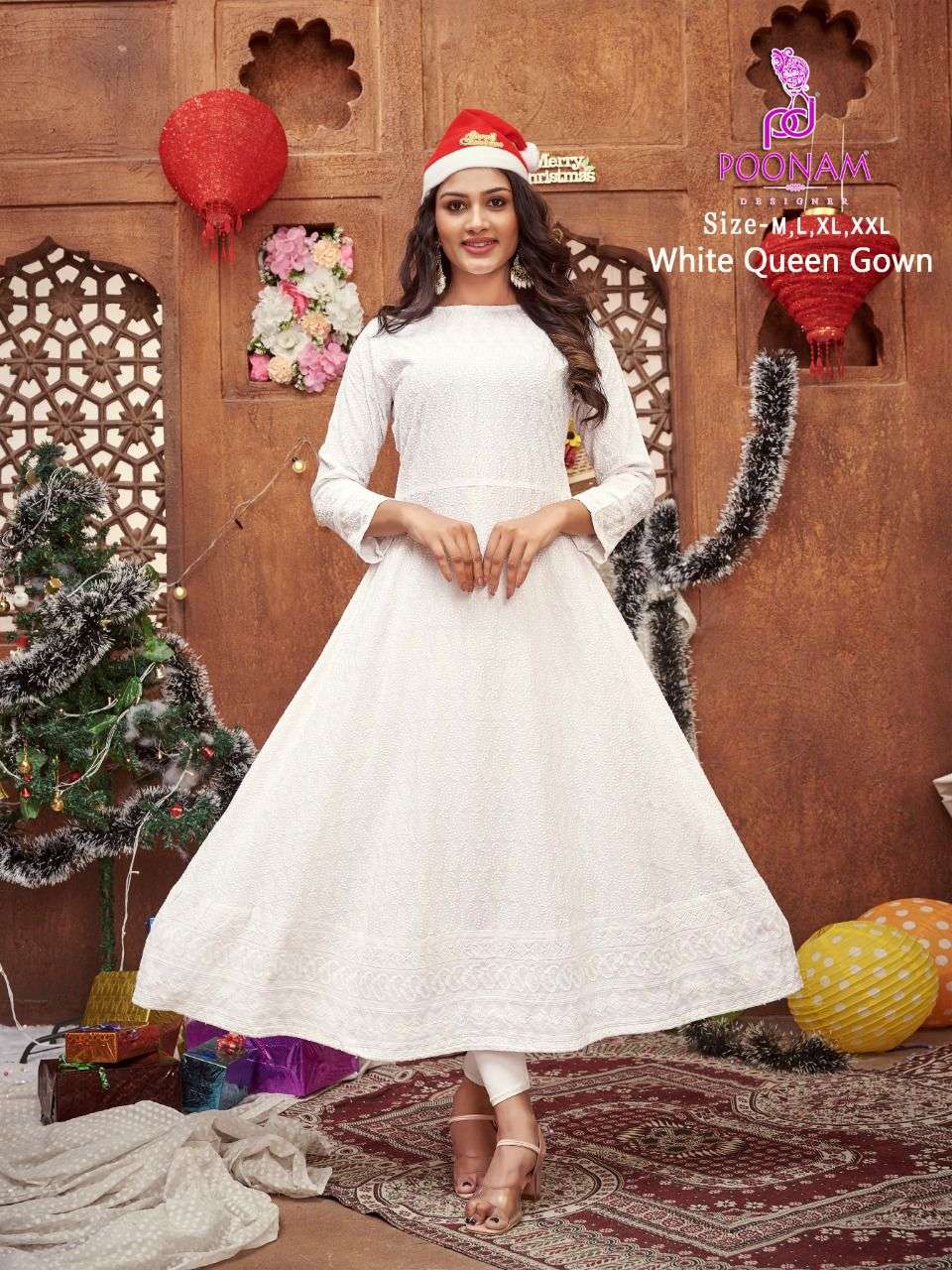 POONAM LAUNCHING WHITE QUEEN RAYON CHIKAN WORK GOWN