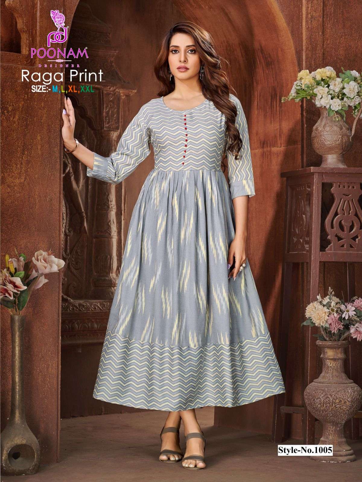  Poonam Raga Rayon Print Long Anarkali Kurti On Wholesale