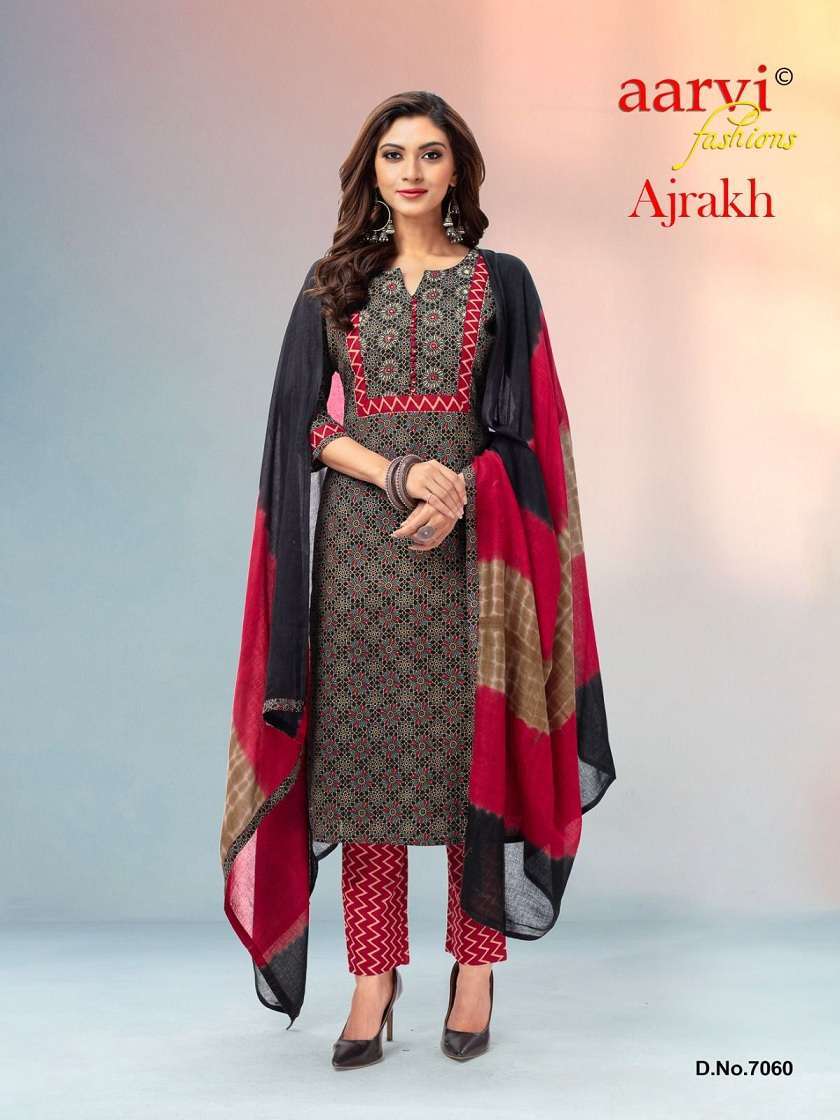 Aarvi Ajrakh Vol 1 Pure Cotton Printed With Hand Work Kurti Pant With Dupatta On Wholesale