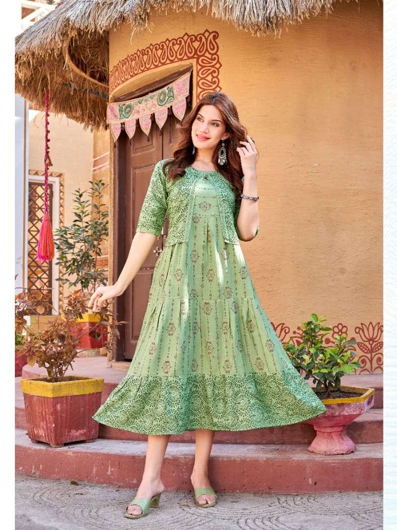 Kinti Pineapple Designer Long Kurti With Jacket On Wholesale