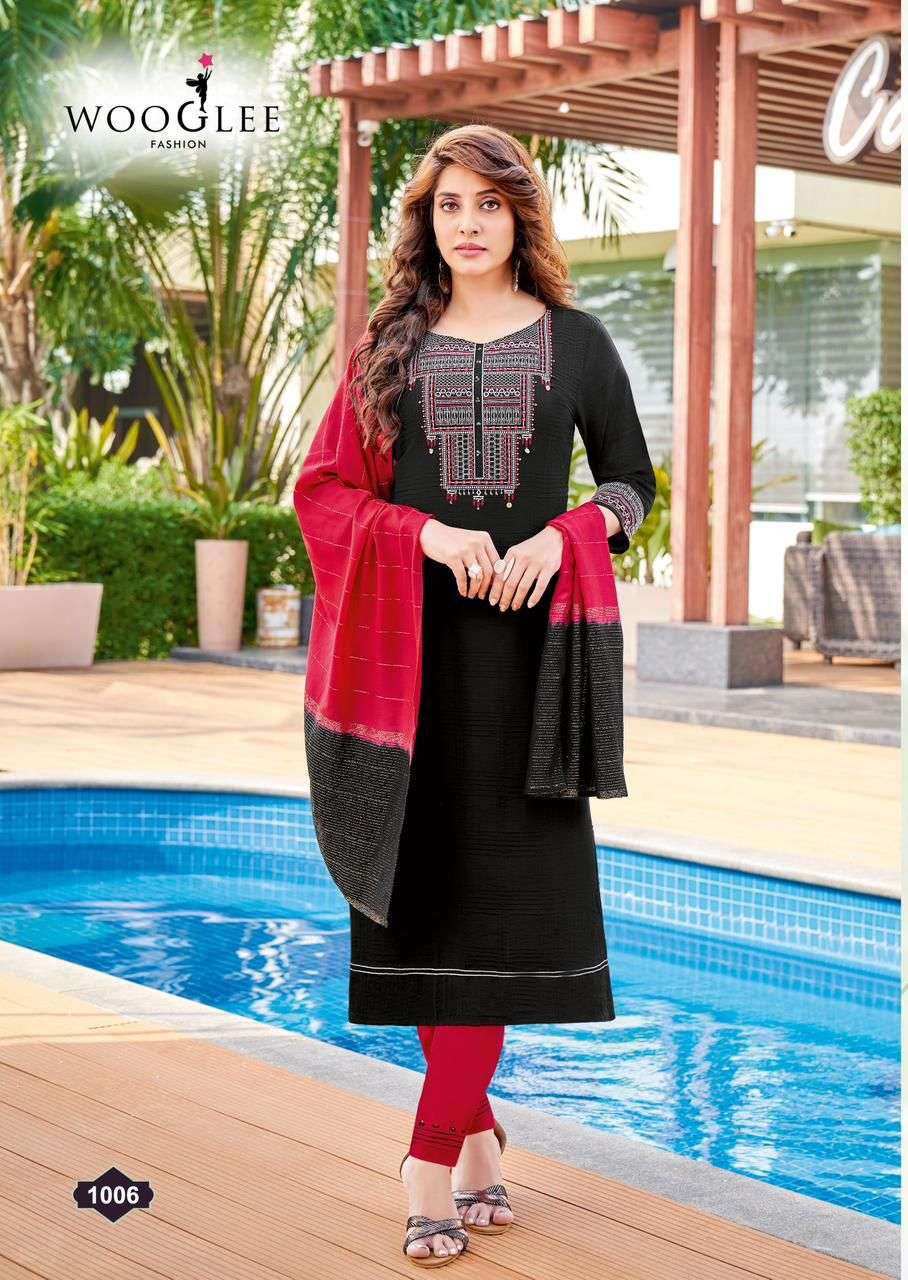  Wooglee Rangat Viscose Weaving Embroidery & Hand Work Kurti With Bottom Dupatta On Wholesale