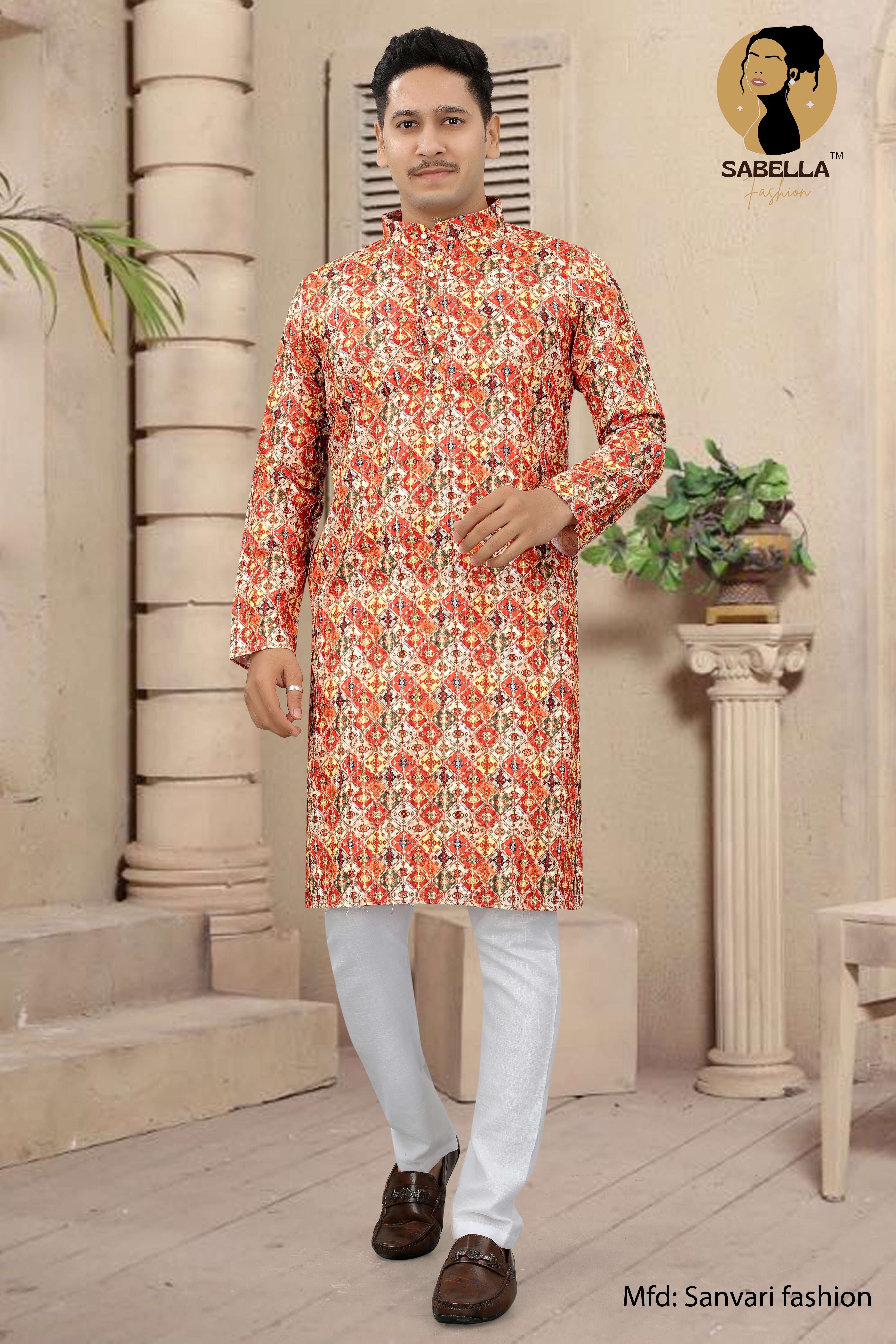 Orange Print Croset Sqns Mens Kurta pajama D-159