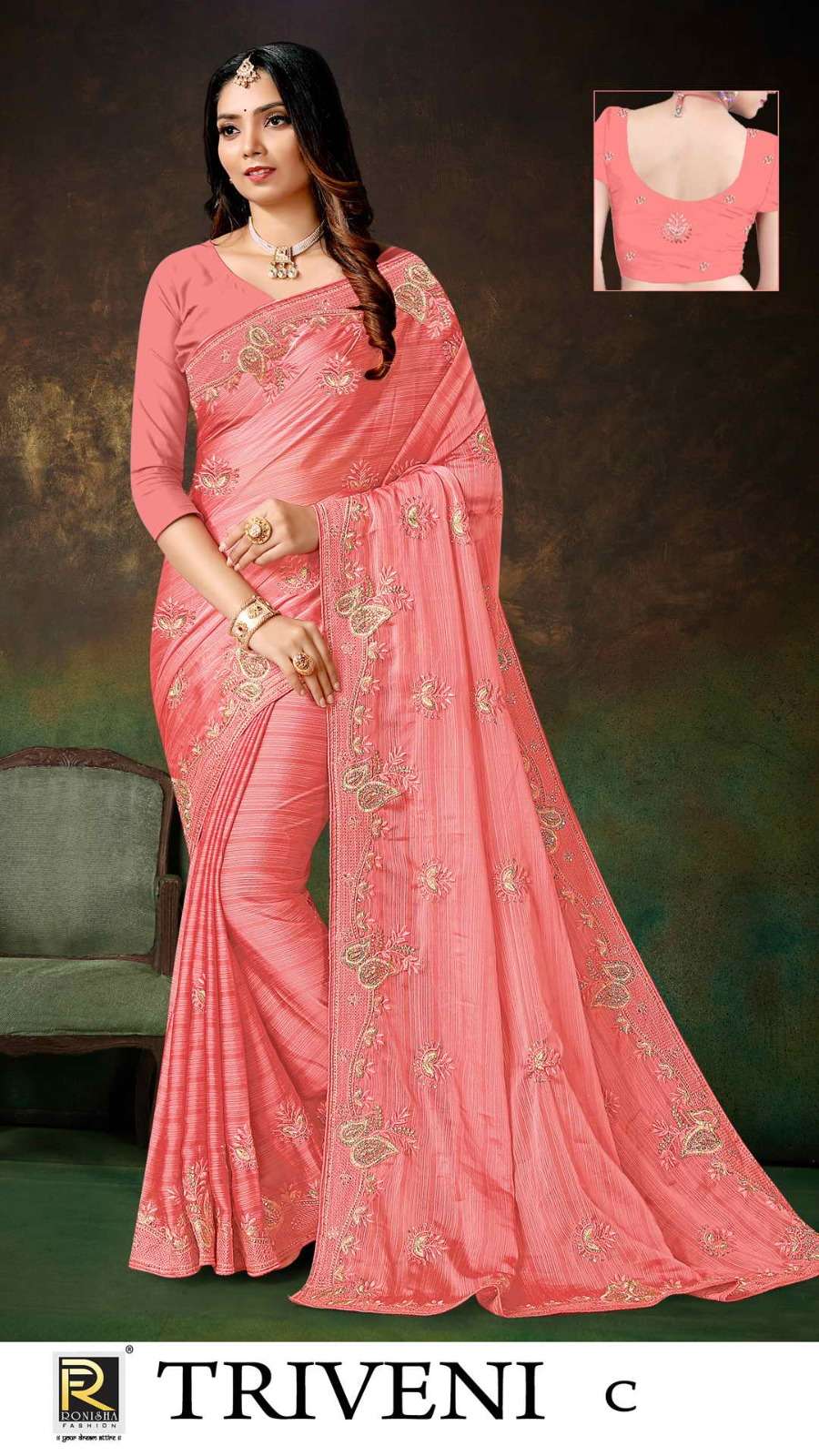 TRIVENI BY RONISHA SAREE FANCY FABRICS EMBROIDERY WORKED AND STONE WORK DESIGNER SAREE