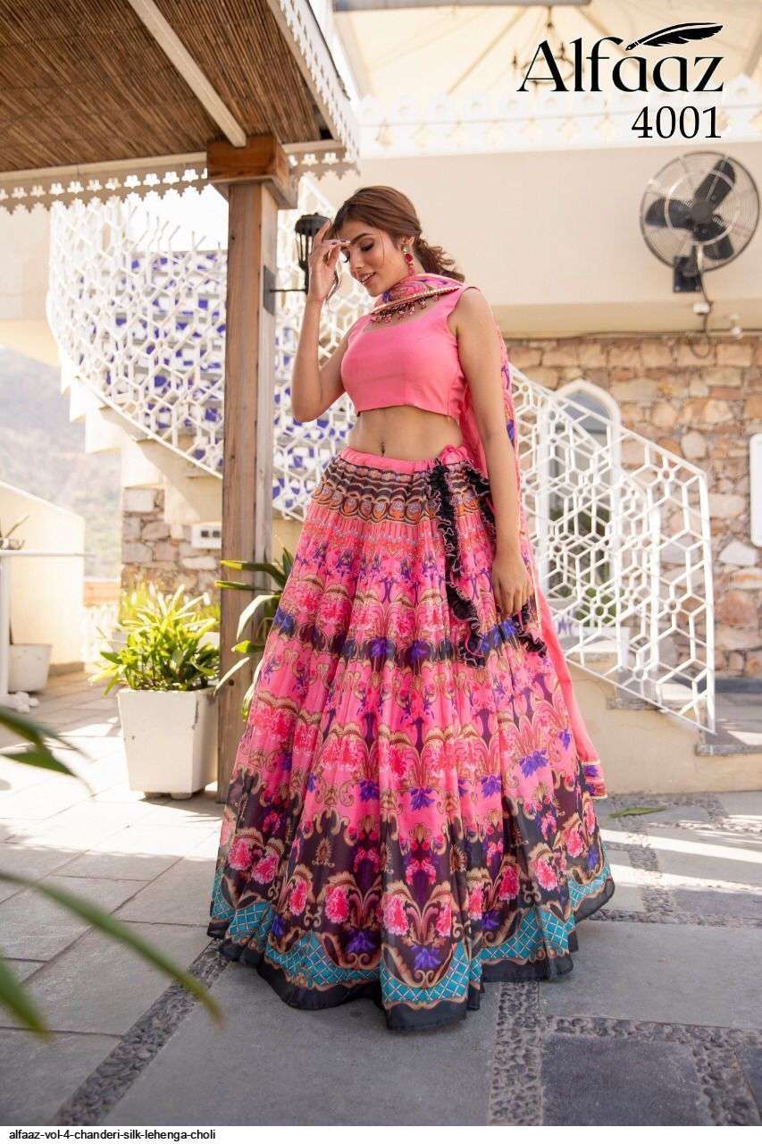 ALFAAZ VOL 4 CHANDERI SILK PINK & BLUE LEHENGA CHOLI 4001 Wholesale catalog