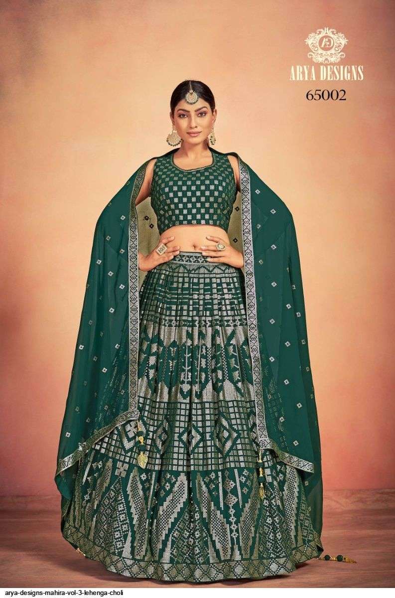 ARYA DESIGNS MAHIRA VOL 3 GREEN LEHENGA CHOLI 65002 Wholesale catalog