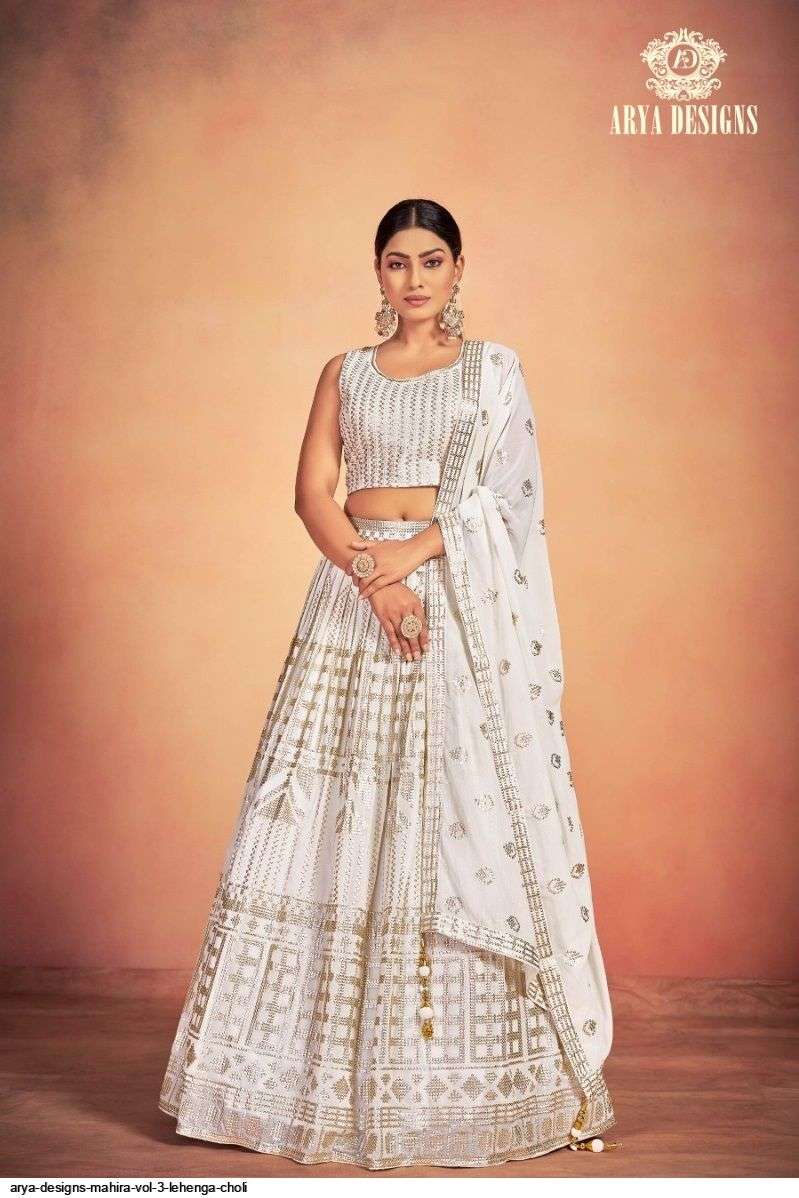 ARYA DESIGNS MAHIRA VOL 3 WHITE LEHENGA CHOLI 65001 Wholesale catalog