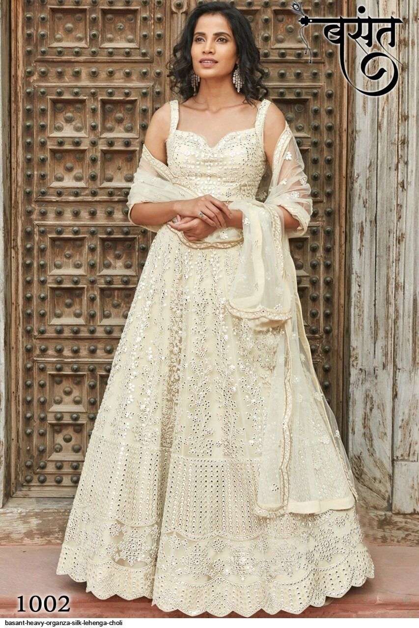 BASANT HEAVY ORGANZA SILK WHITE LEHENGA CHOLI 1002 Wholesale catalog