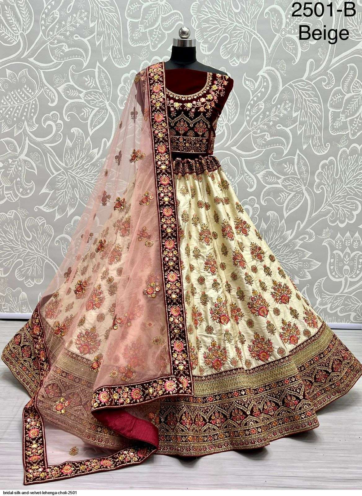 BRIDAL SILK AND VELVET cream LEHENGA CHOLI 2501 B Wholesale catalog