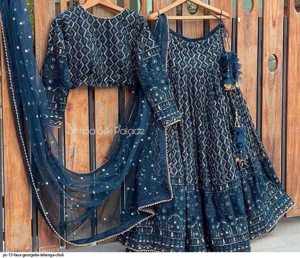 PC 13 FAUX GEORGETTE LEHENGA CHOLI A BLUE Wholesale catalog