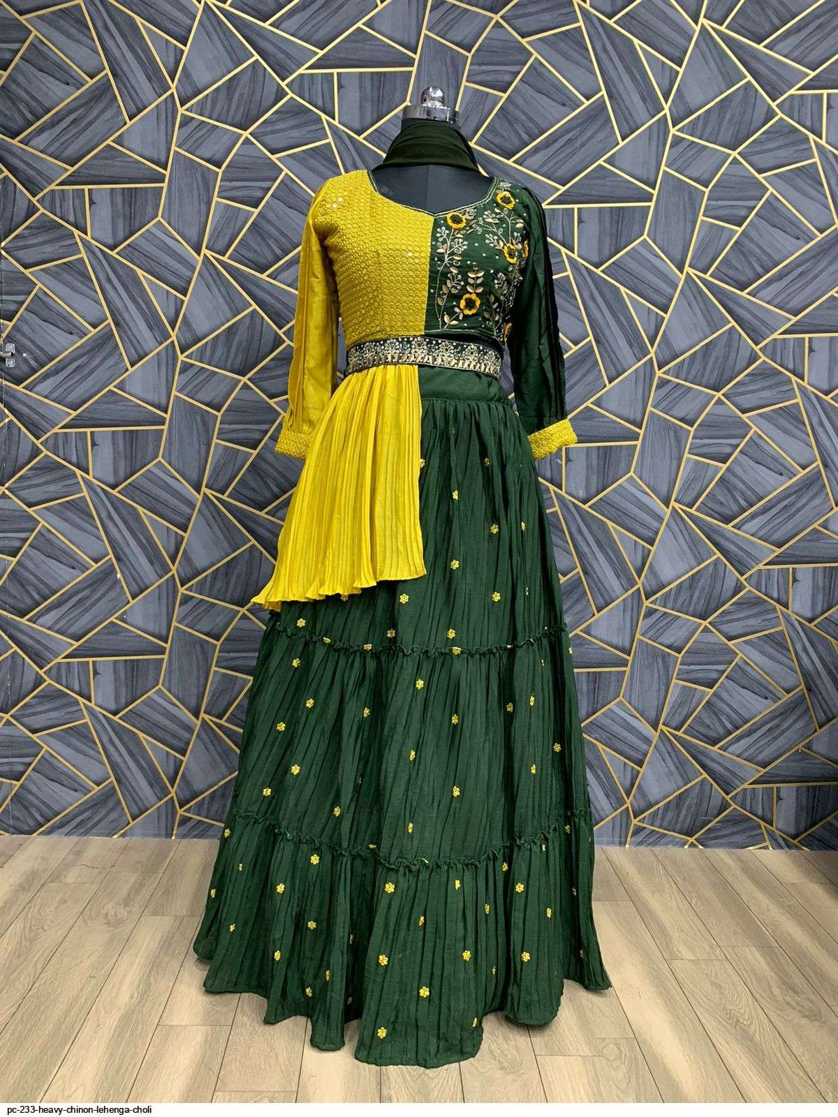 PC 233 HEAVY CHINON GREEN & YELLOW LEHENGA CHOLI A
