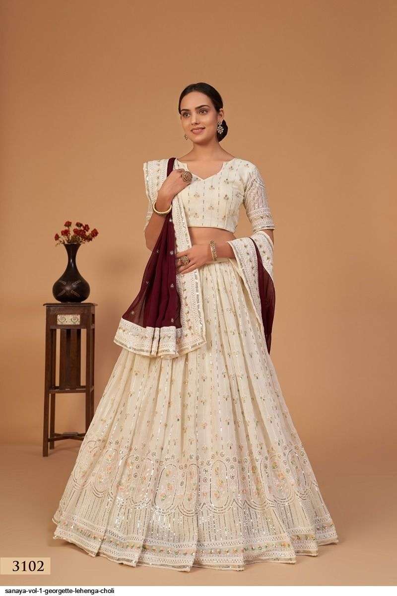 SANAYA VOL 1 LIGHT Off-White GEORGETTE LEHENGA CHOLI 3102 Wholesale catalog