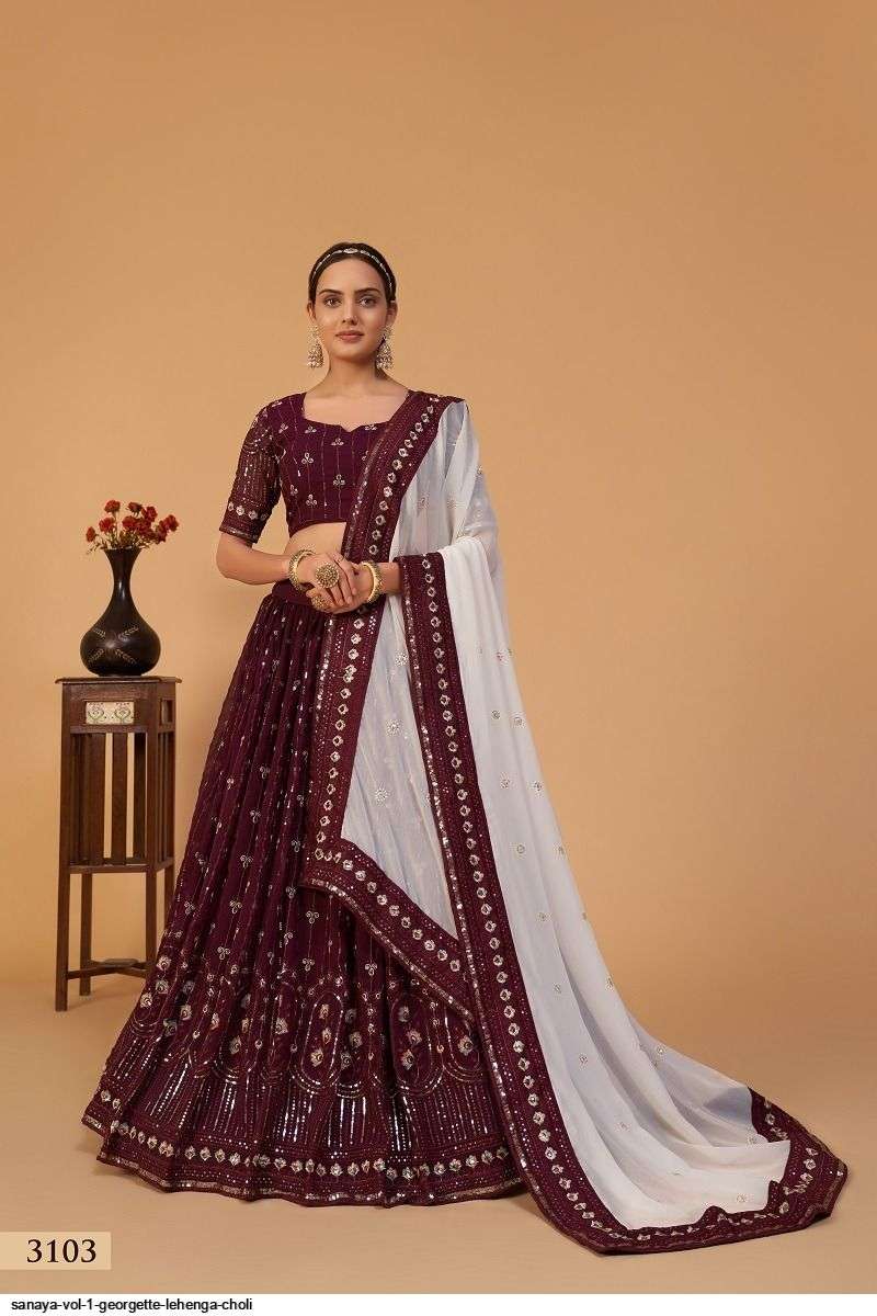 SANAYA VOL 1 Plum GEORGETTE LEHENGA CHOLI 3103 Wholesale catalog