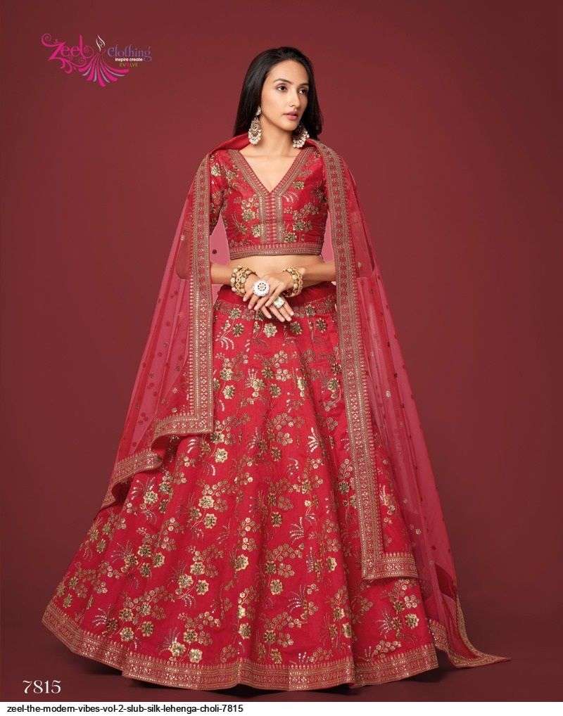 ZEEL THE MODERN VIBES VOL 2 SLUB SILK RED LEHENGA CHOLI 7815 Wholesale catalog